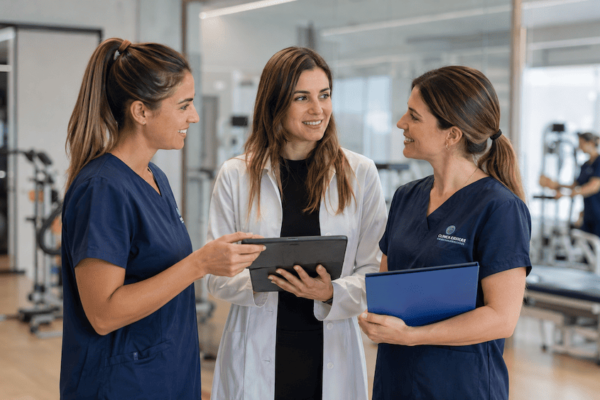Equipo clínico multidisciplinar coordinando una sesión de neurorrehabilitación intensiva