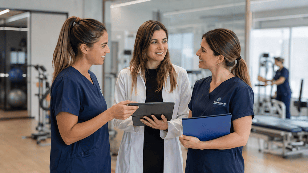 Equipo clínico multidisciplinar coordinando una sesión de neurorrehabilitación intensiva