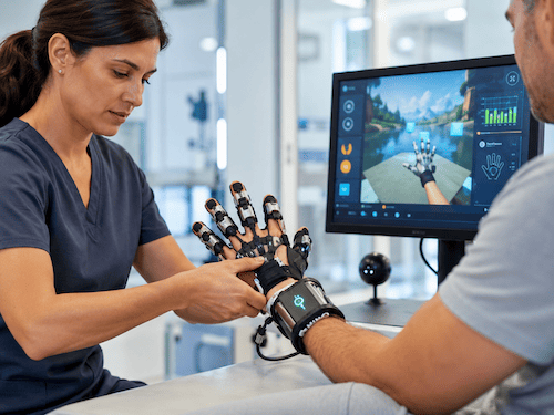 Terapeuta y paciente utilizando un guante robótico y software de realidad virtual inmersiva